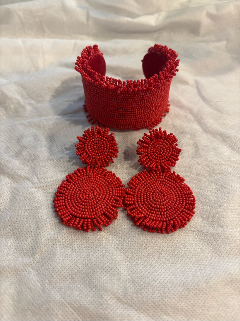 Chico's Bright Orange Beaded Cuff Bracelet with Double-Drop Earrings